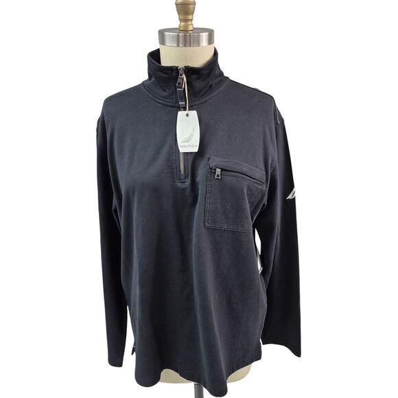 NWT Nautica 100% Cotton True Black Pullover  Shirt Zip Neck Pocket Mens  L - Picture 1 of 6
